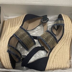 Stylish Navy and Gold Denim Wedge Sandals NIB